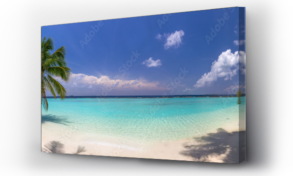 Wizualizacja Obrazu : #102390473 Panorama plaży na Malediwach z błękitnym niebem, palmami i turkusem