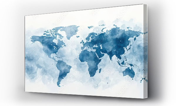 Wizualizacja Obrazu : #1037454200 Elegant watercolor world map in light blue and white tones, showcasing global continents with artistic flair and subtle watercolor texture.