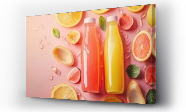 Wizualizacja Obrazu : #1068434726 Fresh fruit juices in bottles with vibrant colors, perfect for a refreshing drink. These fruit juices are captured in a clean cut-out style, allowing for ideal background space.