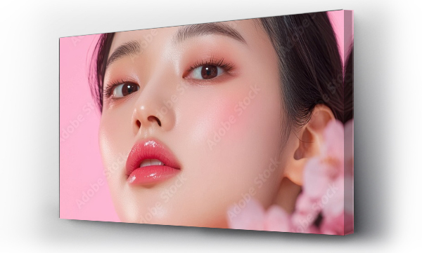Wizualizacja Obrazu : #1073256111 Beautiful asian woman on pink background with blooming sakura and copy space. Skin care. Korean cosmetics. Attractive portrait of beautiful woman with clear skin