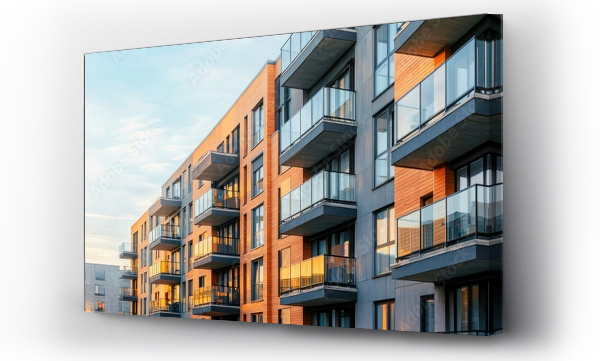 Wizualizacja Obrazu : #1079593284 Modern apartment building with balconies, basking in warm evening light, showcasing urban architecture and contemporary design.
