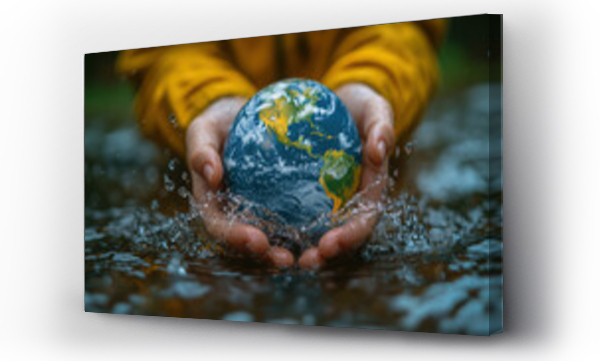 Wizualizacja Obrazu : #1105890449 Close-up of hands cradling planet Earth with water splash over river, nature setting, World Water Day style, captivating, high-resolution.