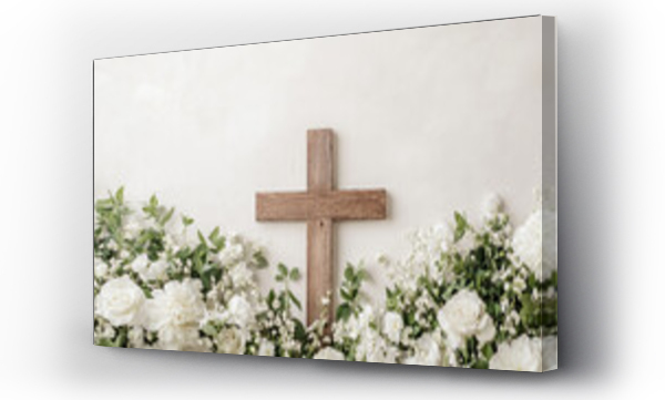 Wizualizacja Obrazu : #1117179448 Wooden Cross with White Flowers  Funeral  Sympathy  Condolences