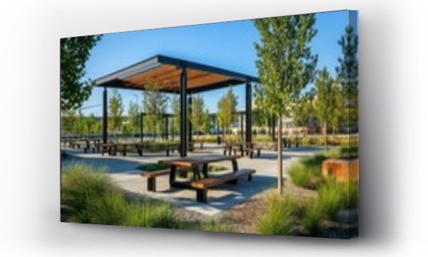 Wizualizacja Obrazu : #1176707980 Modern picnic area, shaded tables, landscaped setting.
