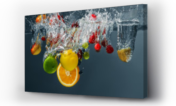 Wizualizacja Obrazu : #119901754 Różne owoce i jagody wpadające do wody na ciemnym tle