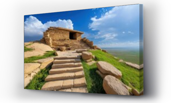 Wizualizacja Obrazu : #1200440184 [Rocky pathway to ancient stone building amidst nature] Vibrant Ancient Pathway to Cultural Monument amidst Greenery & Cloudy Sky