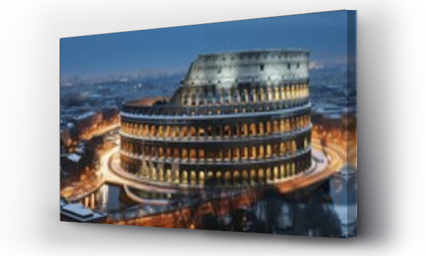 Wizualizacja Obrazu : #1229404591 The historic Colosseum at night with surrounding city lights in wintertime, with a touch of snow, 2:1 wide aspect ratio, AI generated