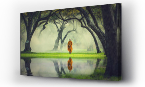 Mnich wędrówka w głębokim lesie refleksji z jeziora, Budda Religia c