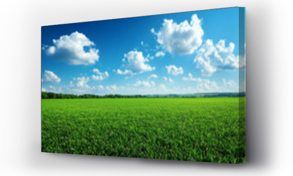 Wizualizacja Obrazu : #1261770537 Green meadow with white fluffy clouds in bright blue sky, panoramic summer landscape with vivid horizon line and copy space
