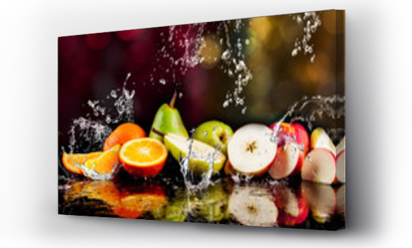 Wizualizacja Obrazu : #126510468 Pears, apples, orange  fruits and Splashing water