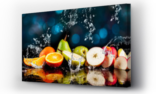 Wizualizacja Obrazu : #126510526 Pears, apples, orange  fruits and Splashing water