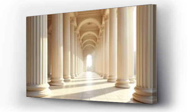 Wizualizacja Obrazu : #1279152260 Hall perspective with symmetrical rows of marble columns, arches. Ancient interior design with sunlight shining through distant entrance. Classical building architecture suitable for presentations,