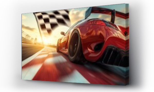 Wizualizacja Obrazu : #1280489054 Racing car crosses the finish line at sunset while a checkered flag waves in the air