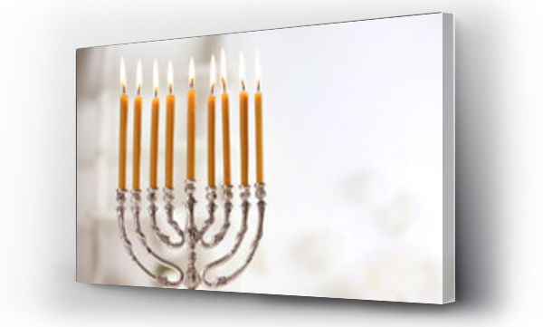 Wizualizacja Obrazu : #128818561 Beautiful menorah with burning candles on light blurred background. Hanukkah concept