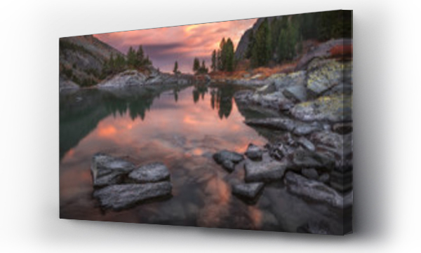 Wizualizacja Obrazu : #131556537 Mountain Lake Sunset Coast With Pine Forest And Rocks, Altai Mountains Highland Nature Autumn Landscape Photo