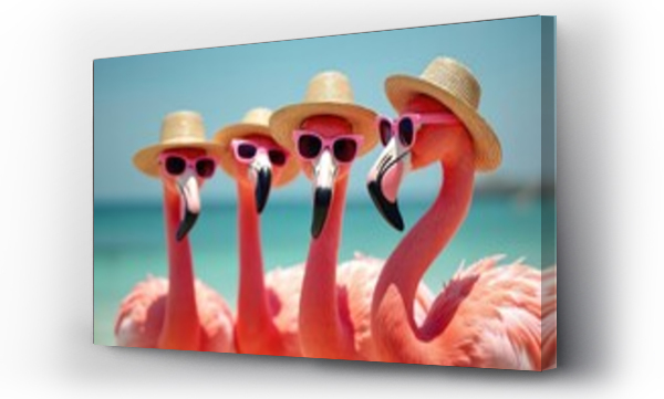 Wizualizacja Obrazu : #1321467634 Group of flamingos wears hats, pink sunglasses on summer beach vacation. Funny birds enjoy holiday. Summer mood, bright colors for tropical travel themed ads, banner. Marine resort holidays.