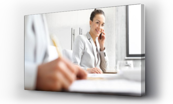 Wizualizacja Obrazu : #132818905 Doradca kredytowy. Bizneswoman rozmawia przez telefon siedz?c przy biurku.