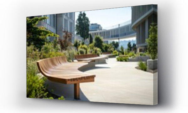 Wizualizacja Obrazu : #1350962936 Outdoor seating area with curved wooden benches in a modern campus setting