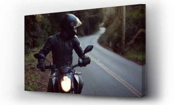 Wizualizacja Obrazu : #135588876 Male astride motorbike on road, looking over shoulder 