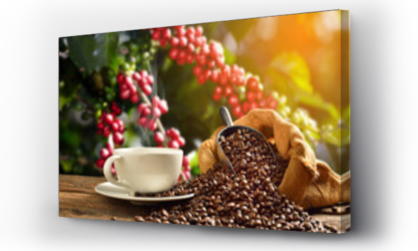 Wizualizacja Obrazu : #136057023 Filiżanka kawy z dymem i ziarna kawy w worku burlap na kawie