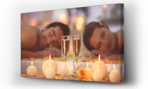 Wizualizacja Obrazu : #137141751 Beautiful spa composition with glasses and happy couple on background
