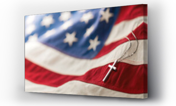 Wizualizacja Obrazu : #1373282687 Christian cross necklace on American flag. For US Memorial Day, Veterans Day, USA memorial or military funeral. Representing honor and sacrifice of the armed forces from the United States of America.