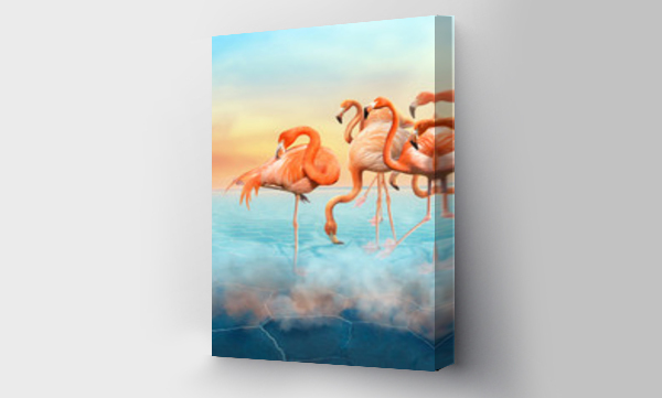 Wizualizacja Obrazu : #138854772 Colorful photomanipulation with red flamingo at right side in the desert  and sunset sky