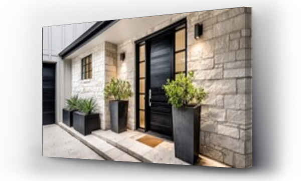 Wizualizacja Obrazu : #1402045624 A modern home entrance featuring a blackened wooden door with white limestone stone accents