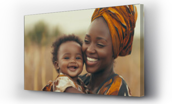 Wizualizacja Obrazu : #1421182216 Portrait of happy african mom and baby bonding and smiling together. Beautiful photo, poster for mother?s day. Happy family. Young woman with child, wearing colorful clothing.