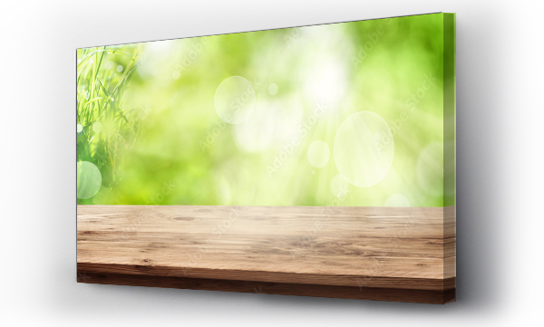 Wizualizacja Obrazu : #142808457 Radiant green spring background with wooden table