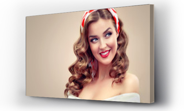 Wizualizacja Obrazu : #145407737 Beautiful retro vintage pin-up girl . Beautiful girl  with curly hair  pointing to the side . Presenting your product. Expressive facial expressions