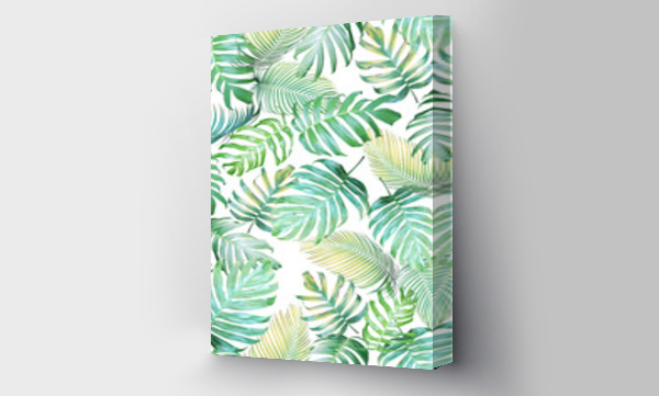 Wizualizacja Obrazu : #147218411 Tropical leaves seamless pattern of Monstera philodendron and palm leaves in light green-yellow color tone, tropical background.