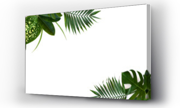 Ramka z tropikalnych liści (Monstera, Dieffenbachia, palma gałązka, Ficus benjamina) na białym tle z miejscem na tekst. Widok z góry, płaski układ