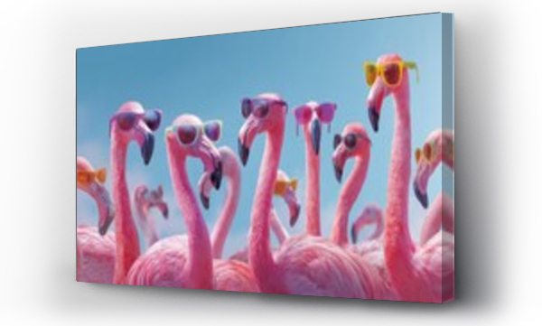 Wizualizacja Obrazu : #1558304073 Happy Birthday, summer party, travel carnival festive celebration, funny animals card banner panorama - Group collection set of. colorful flamingos with sunglasses, isolated on blue background