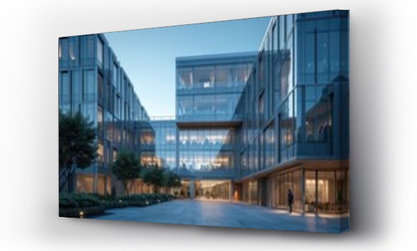 Wizualizacja Obrazu : #1563355447 Modern office building sustainable architecture in urban setting. Glass facade reflects city views. Clean lines, transparent design, futuristic exterior for corporate business, finance, technology