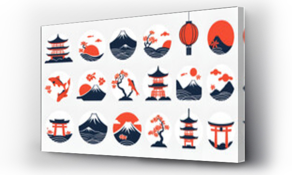 Wizualizacja Obrazu : #1568457591 Japanese culture icons arranged in circles features Mount Fuji, pagoda, torii gate, koi fish, sun and lantern.