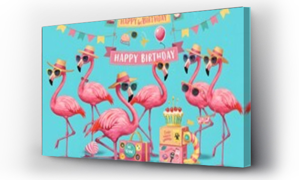 Wizualizacja Obrazu : #1586314605 Fun Flamingo Birthday Party Illustration Pink Birds with Sunglasses and Cake, Happy Celebration Design.