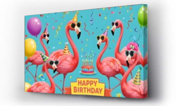 Wizualizacja Obrazu : #1586314826 Festive Flamingo Birthday Party Illustration Pink Birds with Balloons, Cake, Party Hats and Sunglasses.