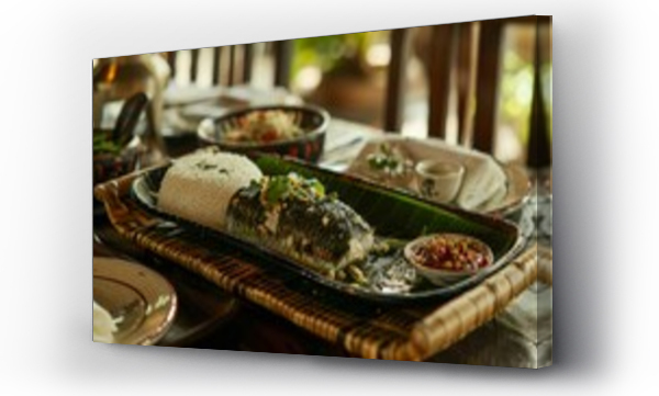 Wizualizacja Obrazu : #1591518675 A plate of grilled fish served with rice and sides arranged on a woven tray with a banana leaf