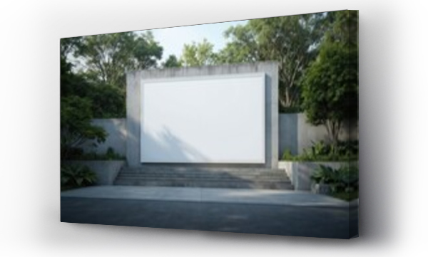 Wizualizacja Obrazu : #1605411728 Blank billboard on concrete wall in rich garden plants. Large advertising space with natural sunlight creating shade patterns. Minimalist outdoor display backdrop for marketing nature-themed