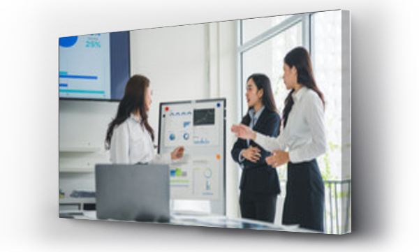 Wizualizacja Obrazu : #1612755360 Businesswomen analyzing financial statistics displayed on whiteboard and discussing marketing strategy during corporate meeting in modern office