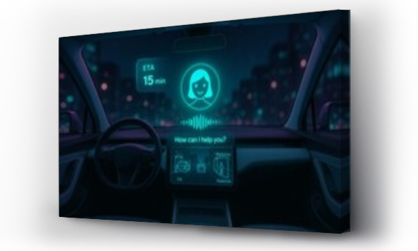 Wizualizacja Obrazu : #1624526051 Futuristic Self Driving Car Interior with AI Assistant Hologram Display and Object Detection at Night in Cityscape