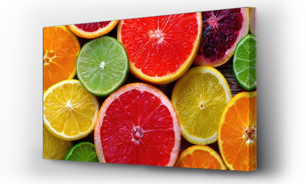 Wizualizacja Obrazu : #1638728626 Citrus mosaic of fruit slice concept. Vibrant assortment of sliced citrus fruits for fresh recipes.