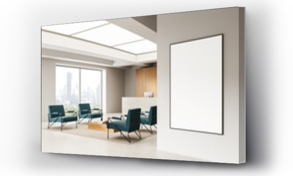 Wizualizacja Obrazu : #1650543409 Modern office interior with blank poster mockup on wall and seating area with city view and reception desk in daylight. 3D Rendering. 3D Rendering