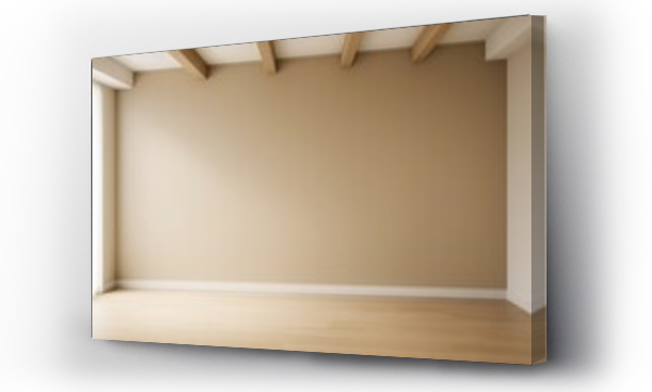 Wizualizacja Obrazu : #1651036182 Empty beige interior room with wooden floor and beams, sunlight from window casting soft shadows, minimal clean design for copy space or mockup template.