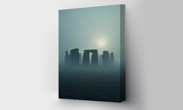 Wizualizacja Obrazu : #1663660913 Mysterious Stonehenge stones shrouded in morning mist. Mystical view of ancient stones shrouded in morning fog over plain.