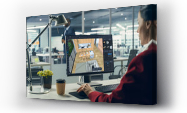 Wizualizacja Obrazu : #1673636655 Female Interior Designer Using Advanced 3D Modeling Software on a Desktop Computer to Create a Modern Living Room and Bedroom Space Layout. Specialist Creating a Stylish Environment for a Client