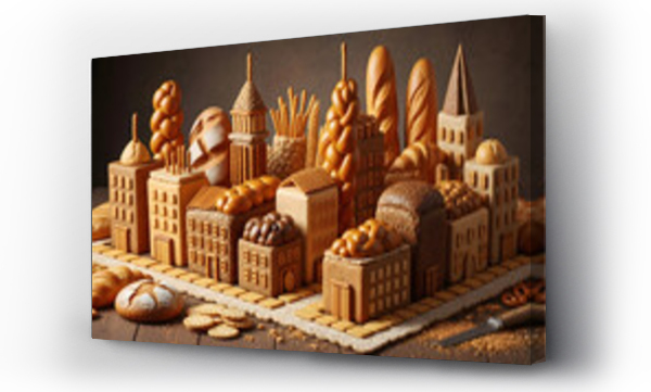 Wizualizacja Obrazu : #1686456857 Intricate urban landscape crafted from loaves of bread, baguettes, and pastries in a fantastic bakery metropolis concept