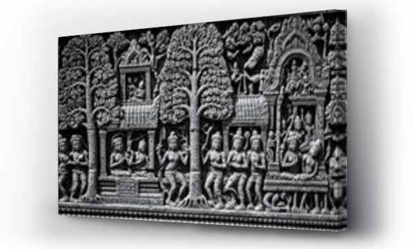 Wizualizacja Obrazu : #1697988364 Ancient stone relief depicting traditional Hindu mythology with detailed human figures, trees, and architectural motifs carved on temple wall in Southeast Asia cultural heritage art sculpture