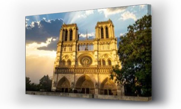 Wizualizacja Obrazu : #1709368049 Notre Dame Cathedral with its twin towers and intricate rose window, illuminated by the warm light of a setting sun breaking through the clouds.